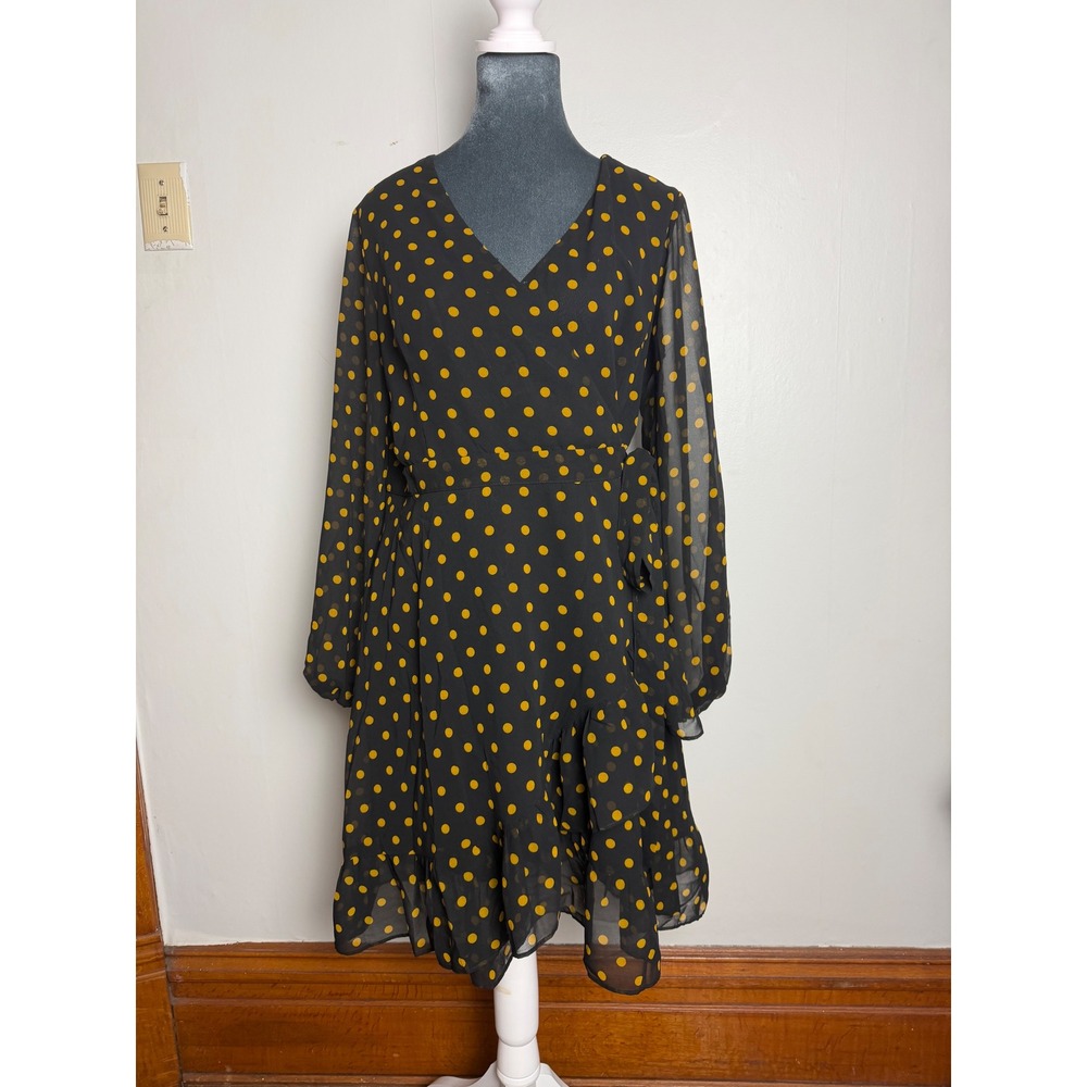 Black Polka Dot Chiffon Wrap Dress Long Sleeve Ruffle Hem quiet luxury M flowy